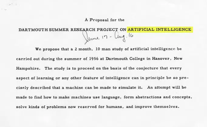 En gammal text från 1956 där ordet Artificial intelligence nämns.