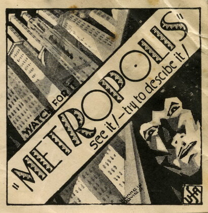 Tidningsutklipp med reklam för filmen Metropolis.