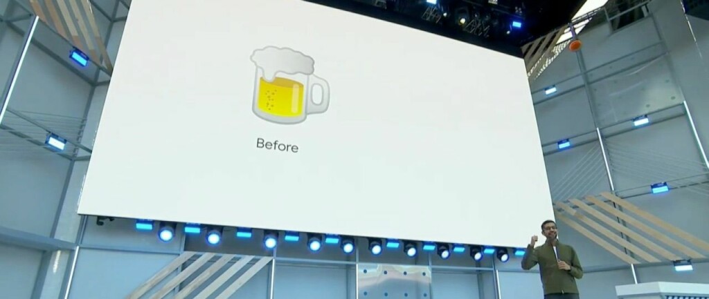 Googles vd Sundar Pichai visar upp företagets emoji föreställande en ölsejdel.
