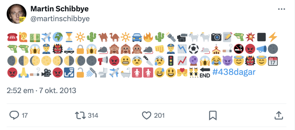 Martin Schibbye sammanfattar sin bok med emojier i en tweet.