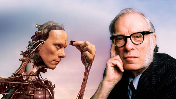 Författaren Isaac Asimov bredvid en robot. (Getty Images).