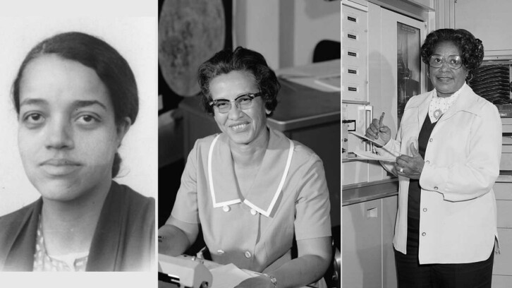 Tre svartvita bilder på Dorothy Vaughan, Katherine Johnson och Mary Jackson
