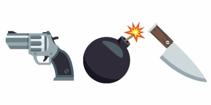 Emojisymbolerna för pistol, bomb och kniv.