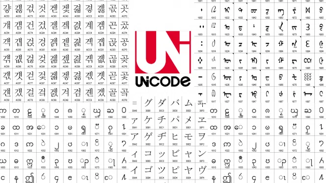 Ett urval av emojier och Unicode-loggan.